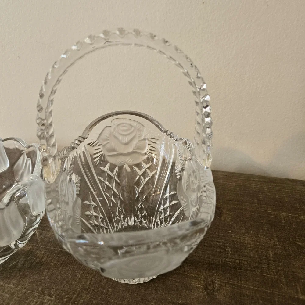 Vintage Frosted Glass Floral Basket and Tulip Bowl Set Clear Pressed Glass